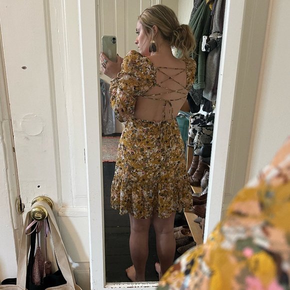 Long Sleeve Cowl Neck Open Lace-up Back Mini Dress - Picture 7 of 10